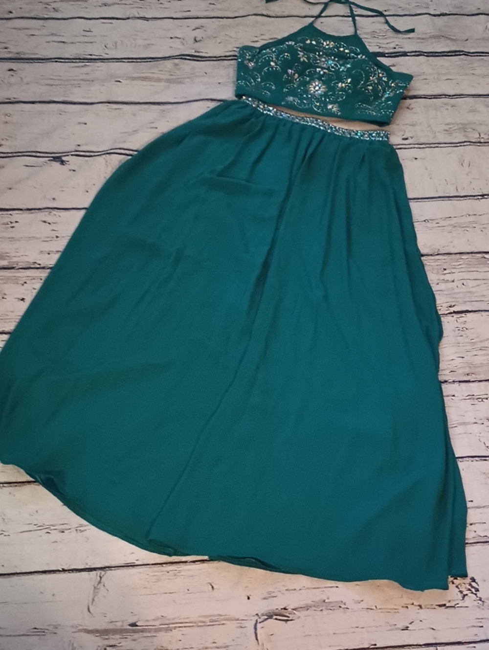 Bee Darlin Green Gem Embellished Halter Crop Skirt Prom Homecoming Set 7/8 M